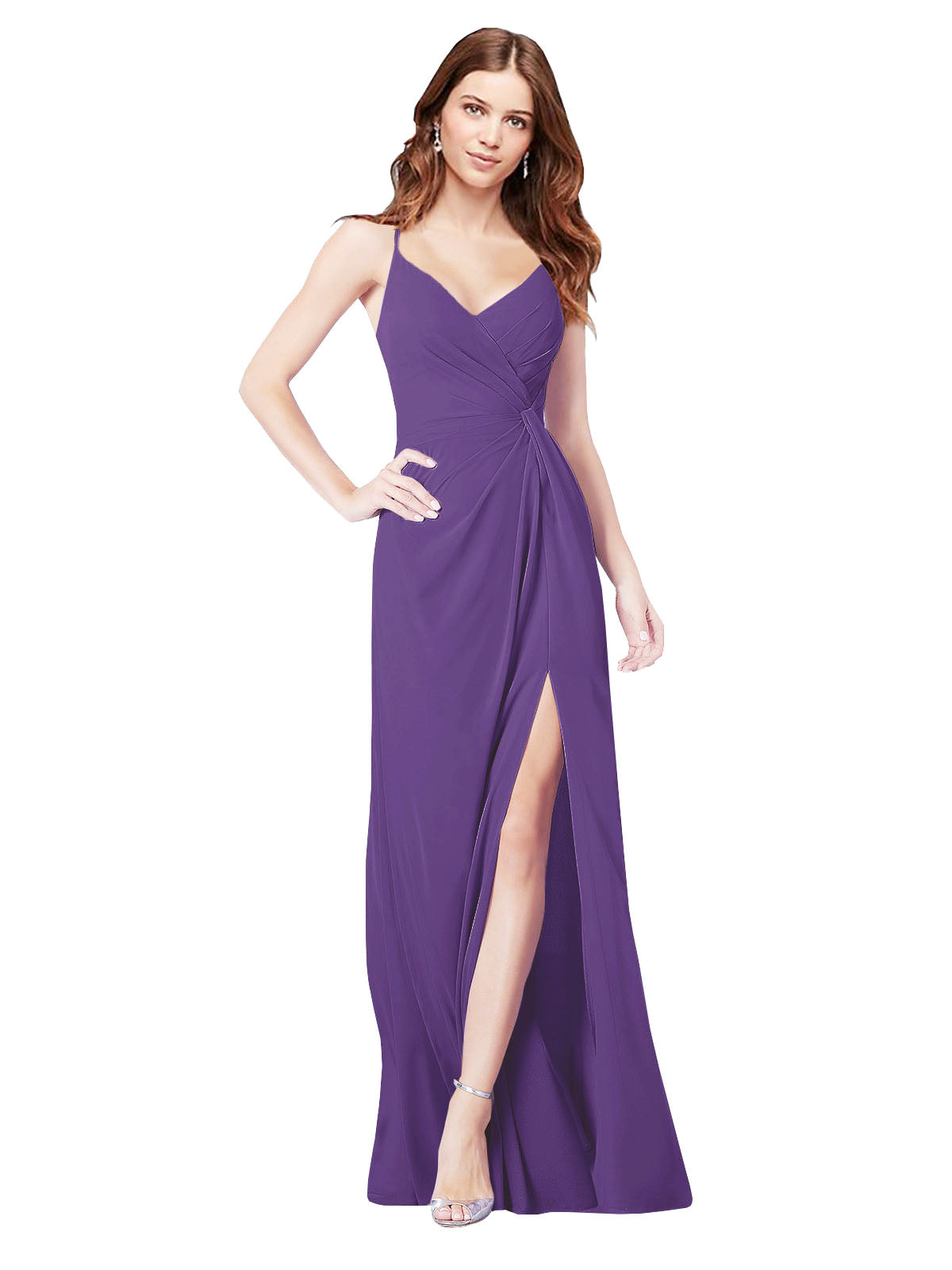 RightBrides Bradi Plum Purple A-Line Spaghetti Straps Sleeveless Long Bridesmaid Dress