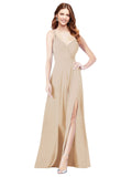 RightBrides Ofelia Champagne A-Line Spaghetti Straps V-Neck Sleeveless Long Bridesmaid Dress
