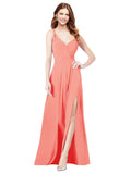 RightBrides Ofelia Coral A-Line Spaghetti Straps V-Neck Sleeveless Long Bridesmaid Dress
