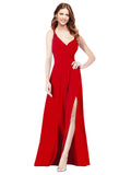RightBrides Ofelia Dark Red A-Line Spaghetti Straps V-Neck Sleeveless Long Bridesmaid Dress