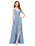 RightBrides Ofelia Dusty Blue A-Line Spaghetti Straps V-Neck Sleeveless Long Bridesmaid Dress
