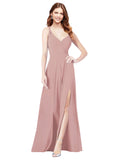 RightBrides Ofelia Dusty Pink A-Line Spaghetti Straps V-Neck Sleeveless Long Bridesmaid Dress