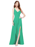 RightBrides Ofelia Emerald Green A-Line Spaghetti Straps V-Neck Sleeveless Long Bridesmaid Dress