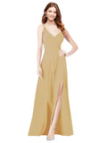 RightBrides Ofelia Gold A-Line Spaghetti Straps V-Neck Sleeveless Long Bridesmaid Dress
