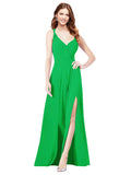 RightBrides Ofelia Green A-Line Spaghetti Straps V-Neck Sleeveless Long Bridesmaid Dress