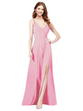 RightBrides Ofelia Hot Pink A-Line Spaghetti Straps V-Neck Sleeveless Long Bridesmaid Dress