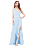 RightBrides Ofelia Light Sky Blue A-Line Spaghetti Straps V-Neck Sleeveless Long Bridesmaid Dress