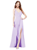 RightBrides Ofelia Lilac A-Line Spaghetti Straps V-Neck Sleeveless Long Bridesmaid Dress