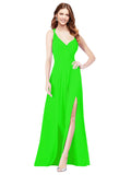 RightBrides Ofelia Lime Green A-Line Spaghetti Straps V-Neck Sleeveless Long Bridesmaid Dress