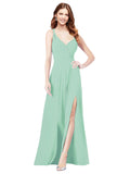 RightBrides Ofelia Mint Green A-Line Spaghetti Straps V-Neck Sleeveless Long Bridesmaid Dress