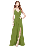 RightBrides Ofelia Olive Green A-Line Spaghetti Straps V-Neck Sleeveless Long Bridesmaid Dress