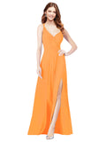 RightBrides Ofelia Orange A-Line Spaghetti Straps V-Neck Sleeveless Long Bridesmaid Dress