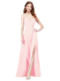 RightBrides Ofelia Pink A-Line Spaghetti Straps V-Neck Sleeveless Long Bridesmaid Dress