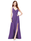 RightBrides Ofelia Plum Purple A-Line Spaghetti Straps V-Neck Sleeveless Long Bridesmaid Dress