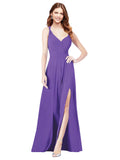 RightBrides Ofelia Purple A-Line Spaghetti Straps V-Neck Sleeveless Long Bridesmaid Dress