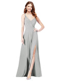 RightBrides Ofelia Silver A-Line Spaghetti Straps V-Neck Sleeveless Long Bridesmaid Dress