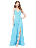 RightBrides Ofelia Sky Blue A-Line Spaghetti Straps V-Neck Sleeveless Long Bridesmaid Dress