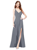 RightBrides Ofelia Slate Grey A-Line Spaghetti Straps V-Neck Sleeveless Long Bridesmaid Dress