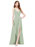 RightBrides Ofelia Smoke Green A-Line Spaghetti Straps V-Neck Sleeveless Long Bridesmaid Dress