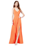 RightBrides Ofelia Tangerine Tango A-Line Spaghetti Straps V-Neck Sleeveless Long Bridesmaid Dress