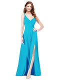 RightBrides Ofelia Turquoise A-Line Spaghetti Straps V-Neck Sleeveless Long Bridesmaid Dress