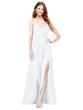 RightBrides Ofelia White A-Line Spaghetti Straps V-Neck Sleeveless Long Bridesmaid Dress
