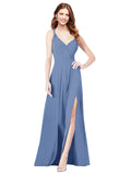 RightBrides Ofelia Windsor Blue A-Line Spaghetti Straps V-Neck Sleeveless Long Bridesmaid Dress