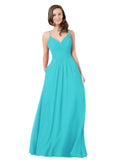 Aqua A-Line V-Neck Sleeveless Long Bridesmaid Dress Keeley