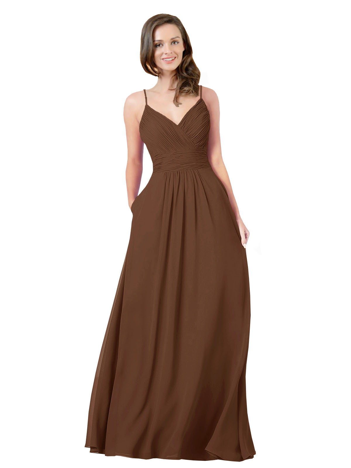 Brown A-Line V-Neck Sleeveless Long Bridesmaid Dress Keeley