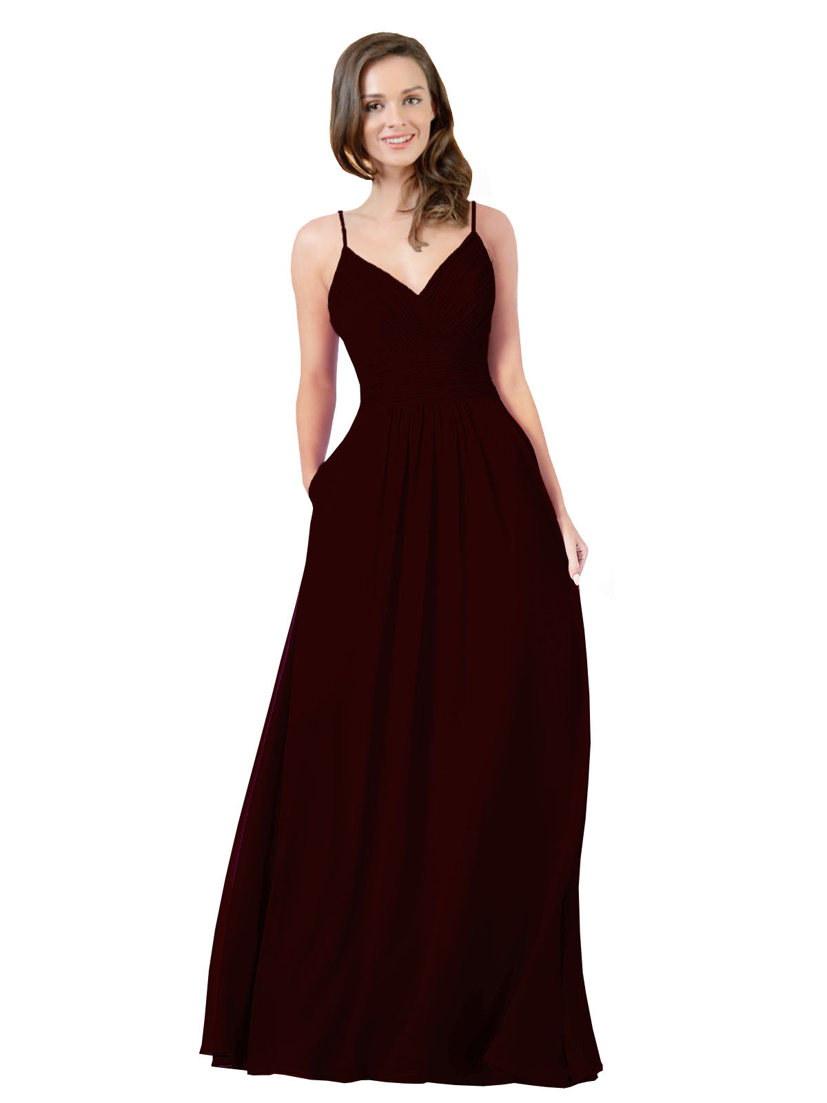 Burgundy Gold A-Line V-Neck Sleeveless Long Bridesmaid Dress Keeley