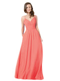 Coral A-Line V-Neck Sleeveless Long Bridesmaid Dress Keeley