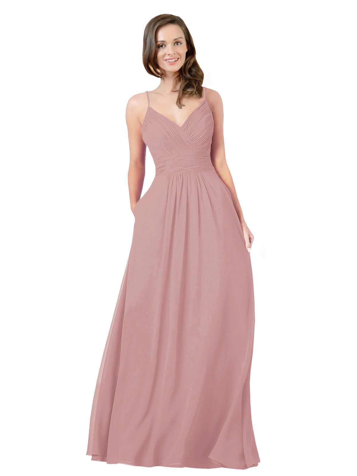 Dusty Pink A-Line V-Neck Sleeveless Long Bridesmaid Dress Keeley
