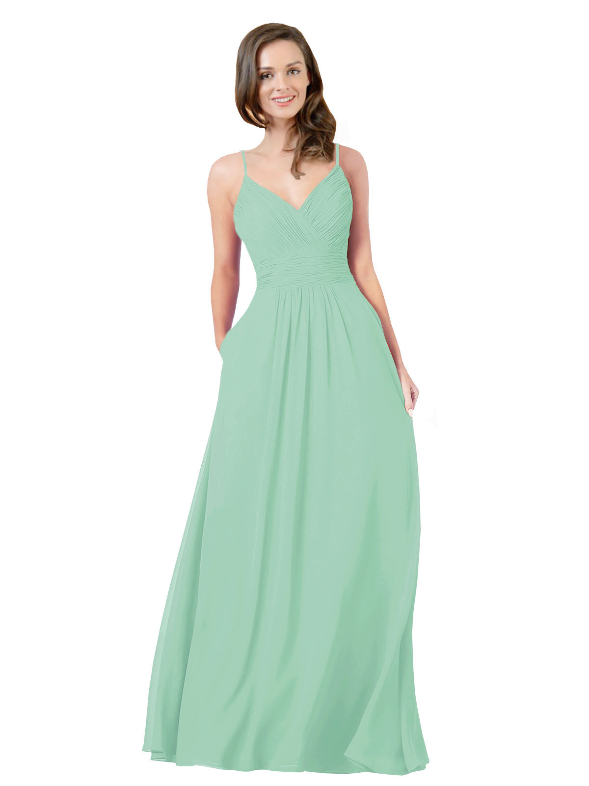 Mint Green A-Line V-Neck Sleeveless Long Bridesmaid Dress Keeley