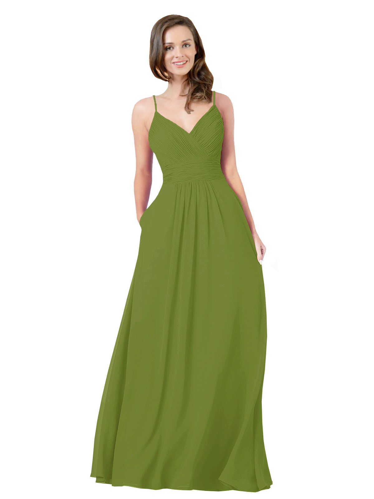 Olive Green A-Line V-Neck Sleeveless Long Bridesmaid Dress Keeley