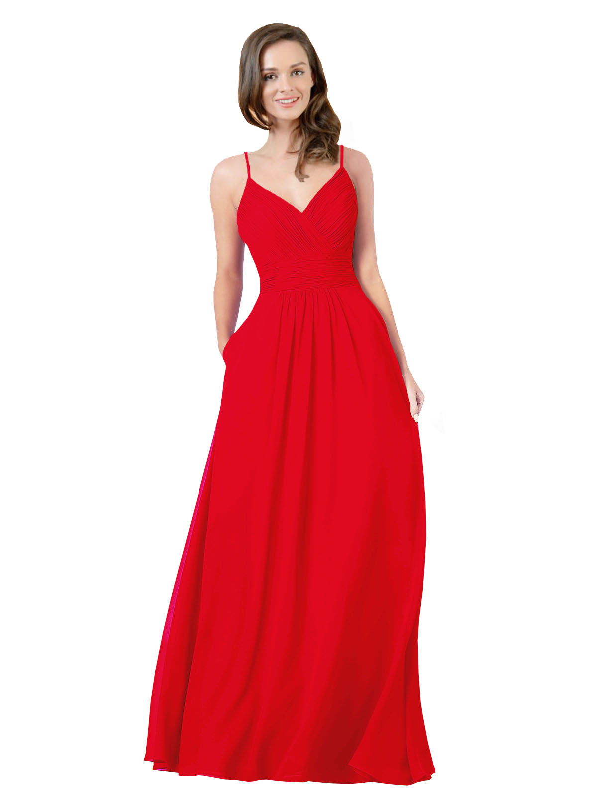 Red A-Line V-Neck Sleeveless Long Bridesmaid Dress Keeley