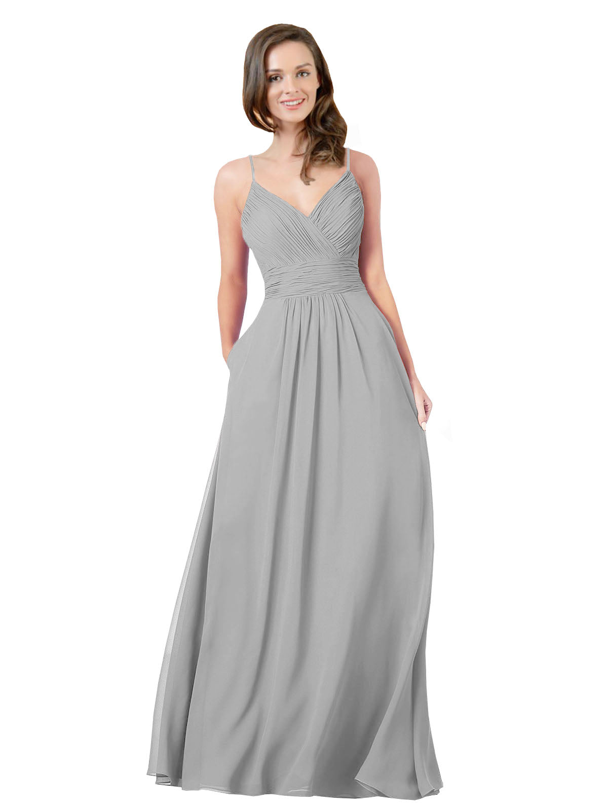 Silver A-Line V-Neck Sleeveless Long Bridesmaid Dress Keeley
