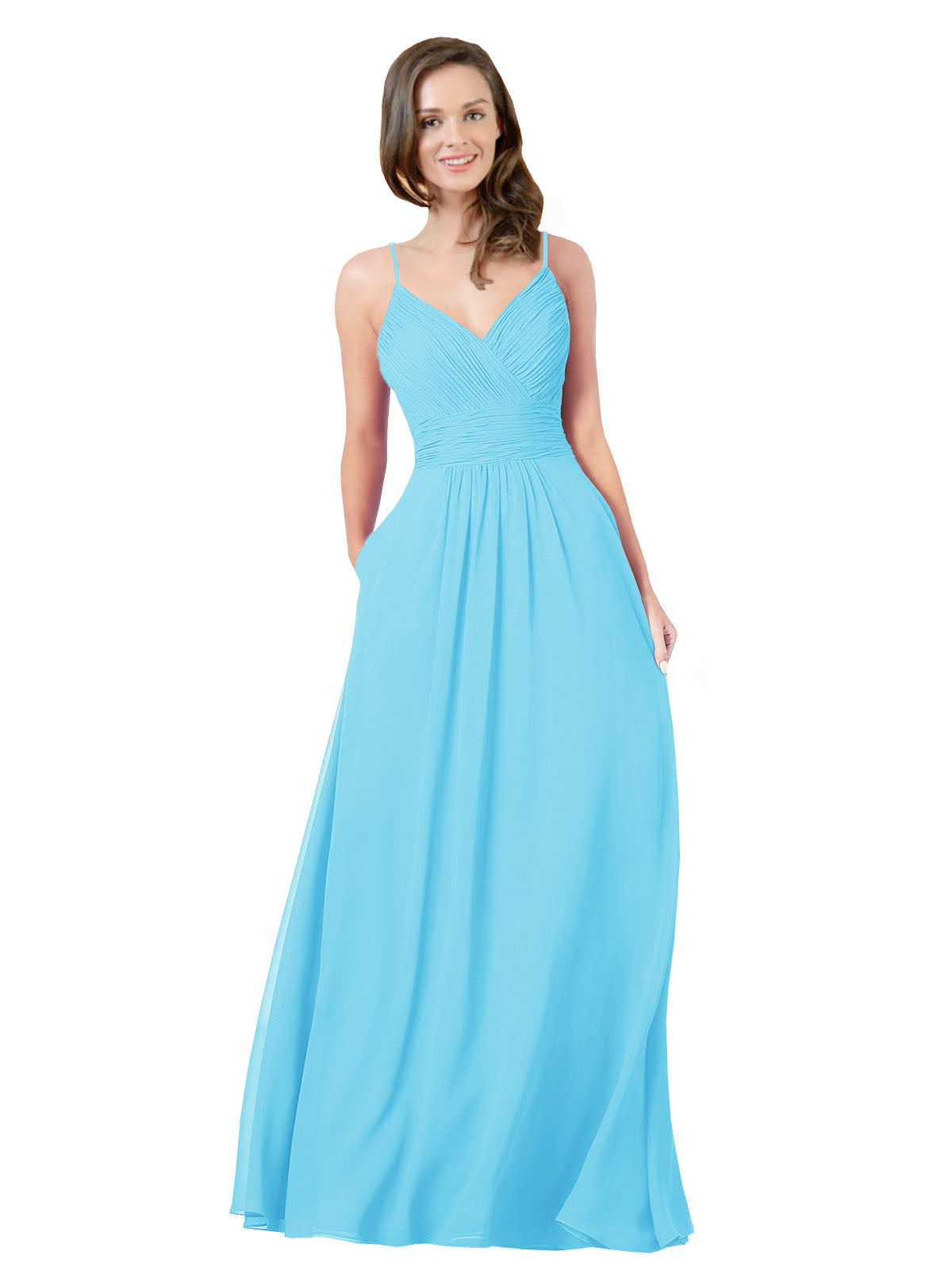 Sky Blue A-Line V-Neck Sleeveless Long Bridesmaid Dress Keeley