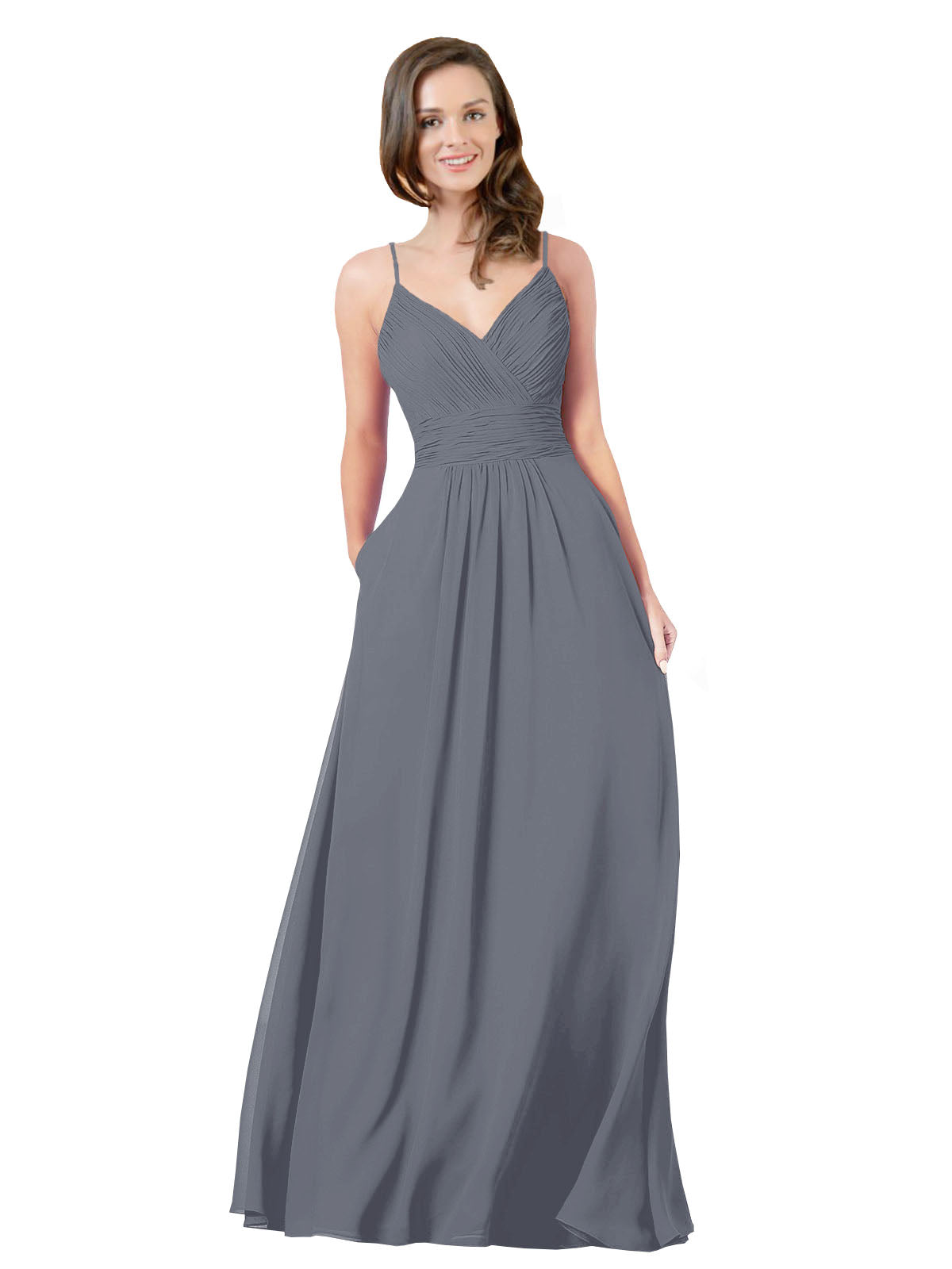 Slate Grey A-Line V-Neck Sleeveless Long Bridesmaid Dress Keeley