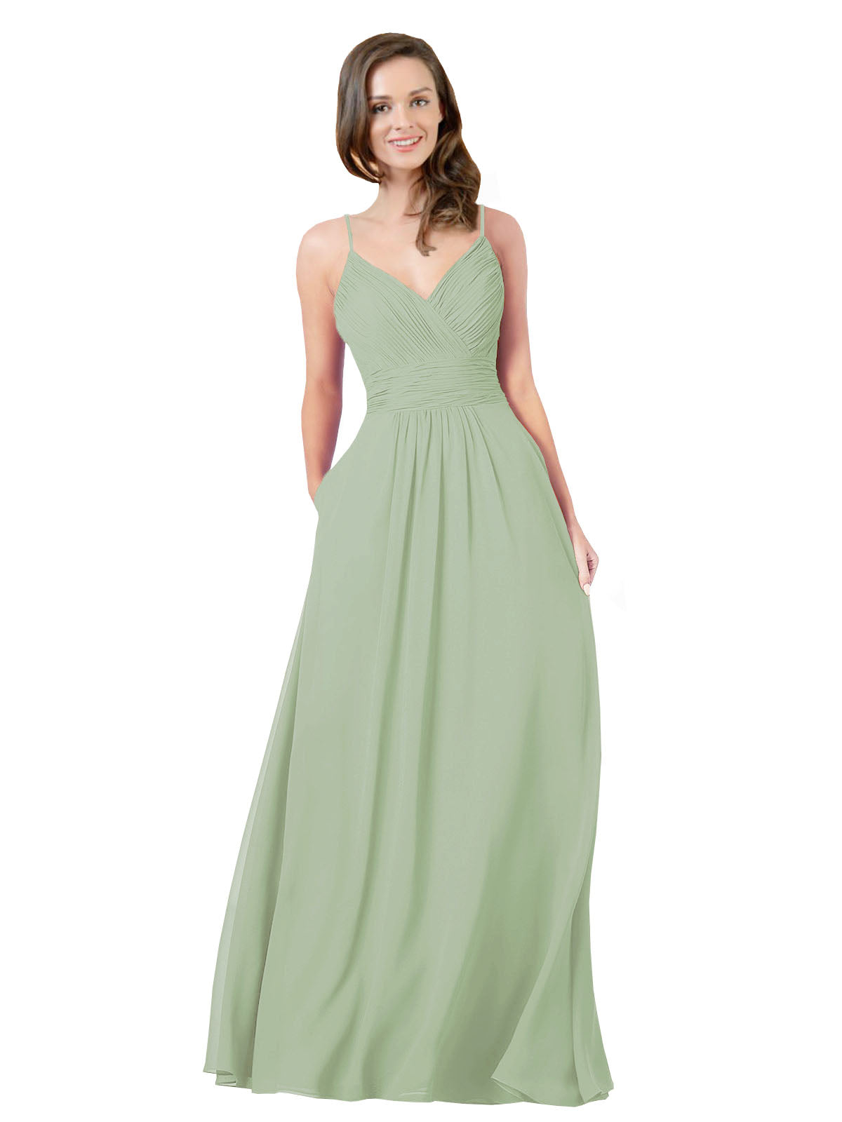 Smoke Green A-Line V-Neck Sleeveless Long Bridesmaid Dress Keeley