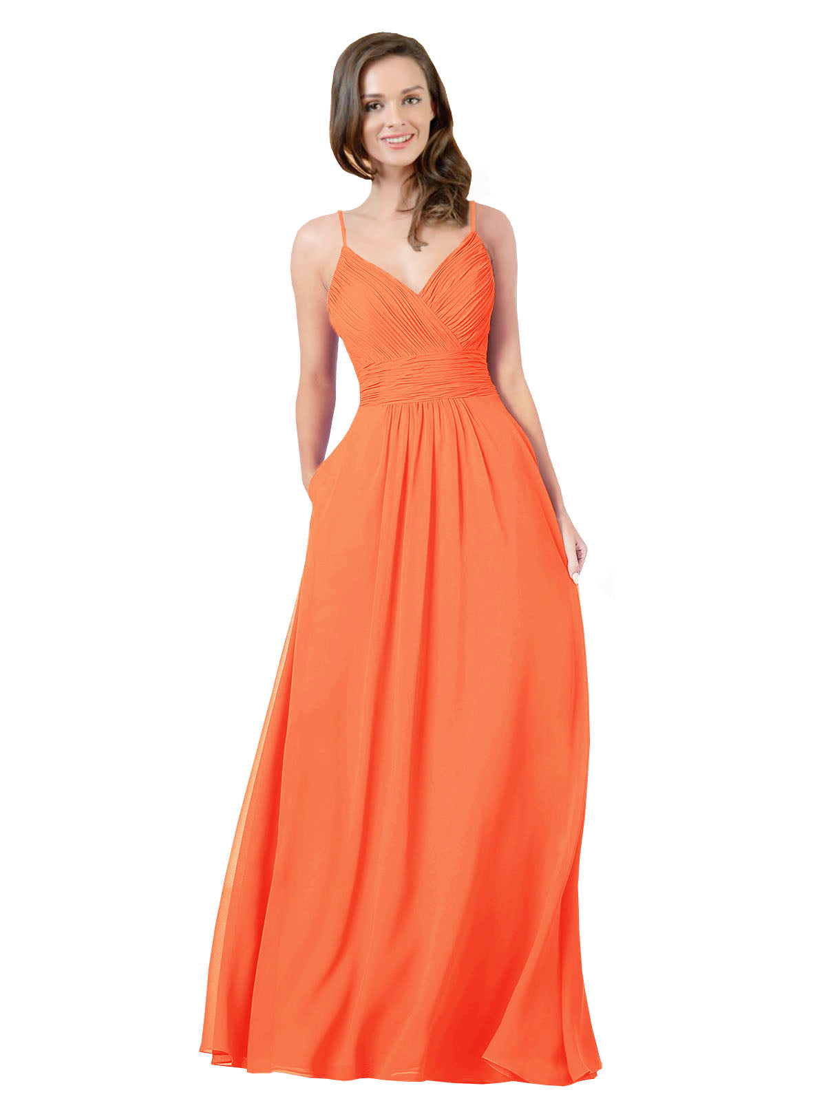 Tangerine Tango A-Line V-Neck Sleeveless Long Bridesmaid Dress Keeley