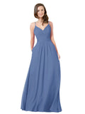 Windsor Blue A-Line V-Neck Sleeveless Long Bridesmaid Dress Keeley