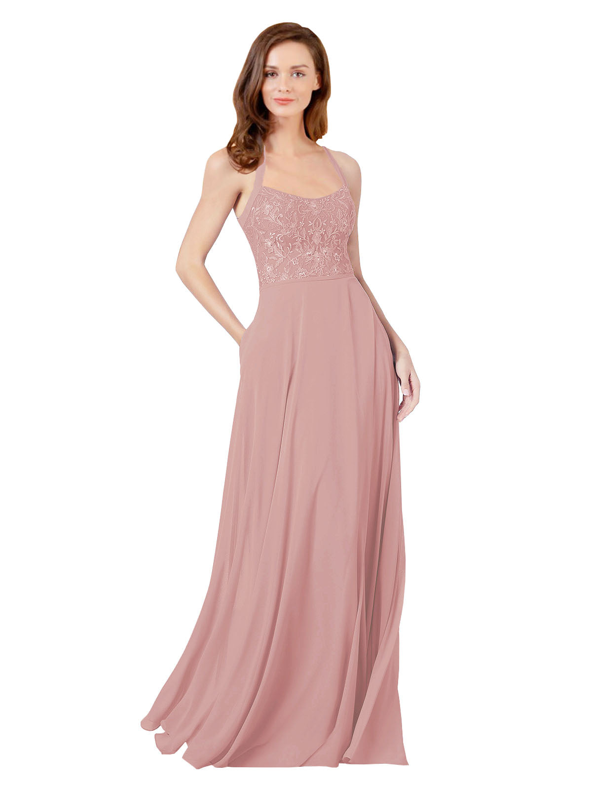 Dusty Pink A-Line Spaghetti Straps Sleeveless Long Bridesmaid Dress Helma