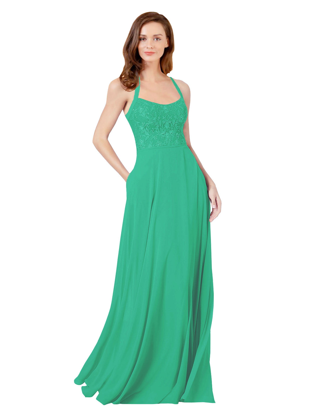Emerald Green A-Line Spaghetti Straps Sleeveless Long Bridesmaid Dress Helma