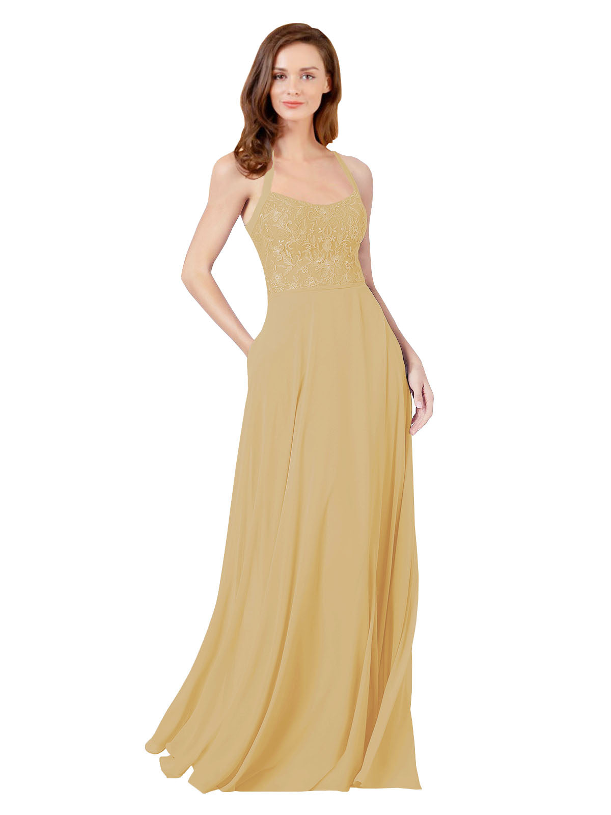 Gold A-Line Spaghetti Straps Sleeveless Long Bridesmaid Dress Helma