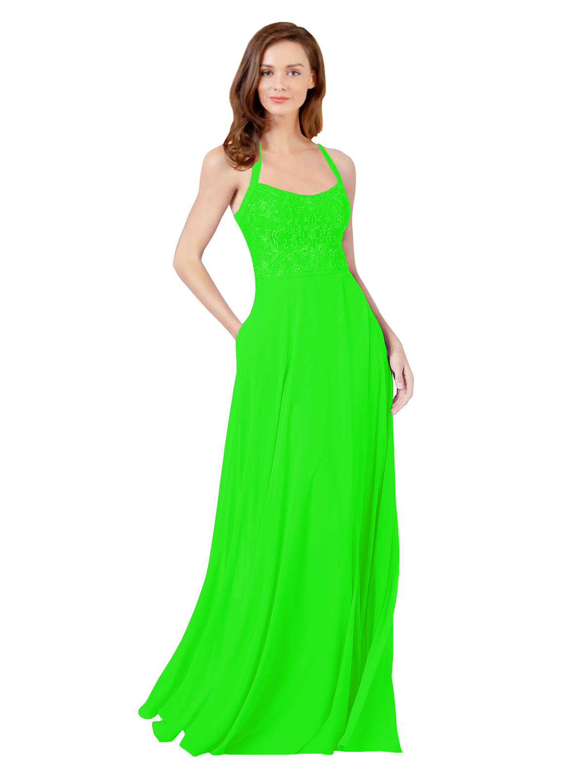 Lime Green A-Line Spaghetti Straps Sleeveless Long Bridesmaid Dress Helma