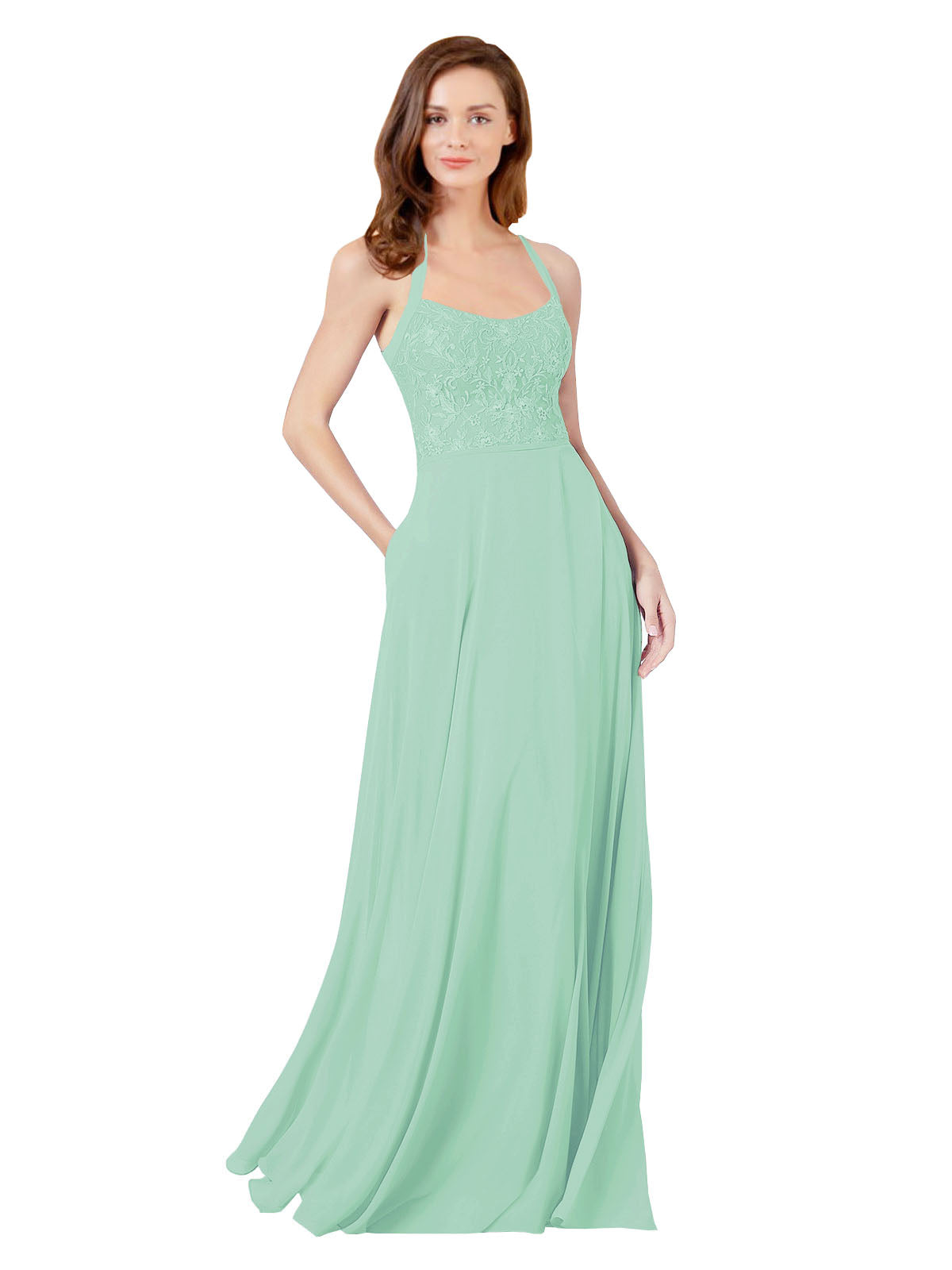Mint Green A-Line Spaghetti Straps Sleeveless Long Bridesmaid Dress Helma