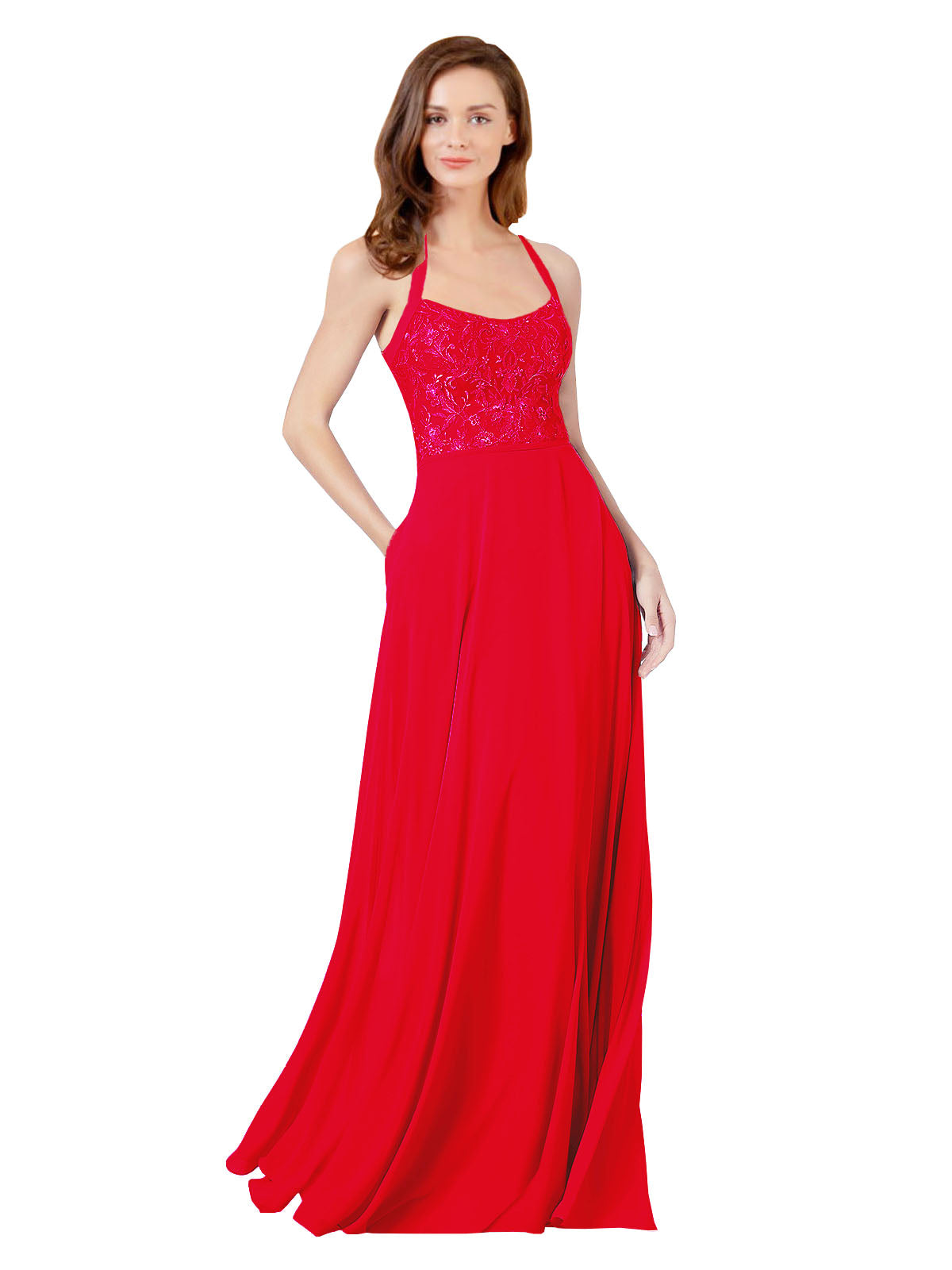 Red A-Line Spaghetti Straps Sleeveless Long Bridesmaid Dress Helma