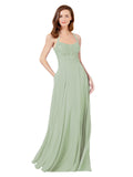 Smoke Green A-Line Spaghetti Straps Sleeveless Long Bridesmaid Dress Helma