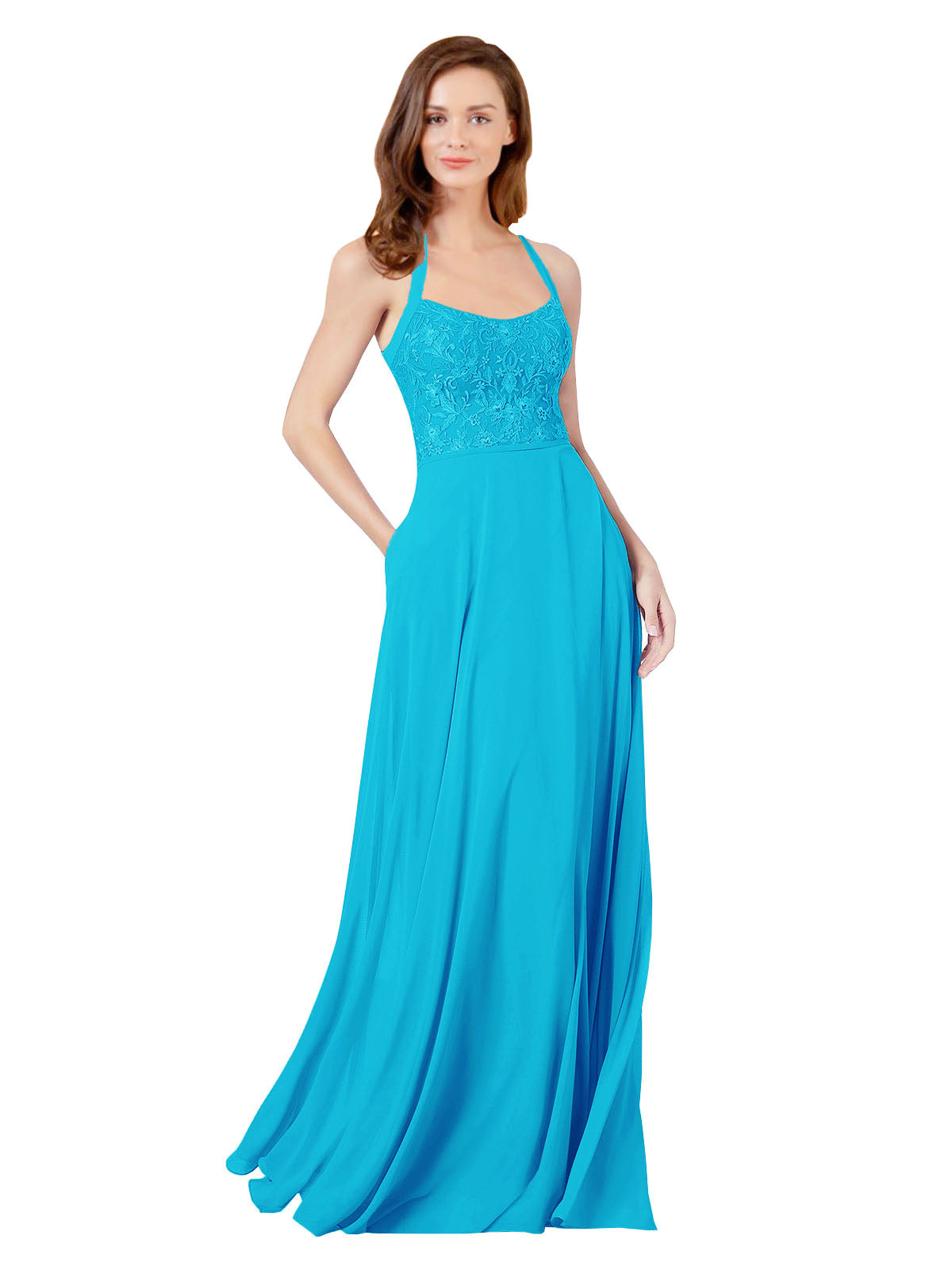 Turquoise A-Line Spaghetti Straps Sleeveless Long Bridesmaid Dress Helma