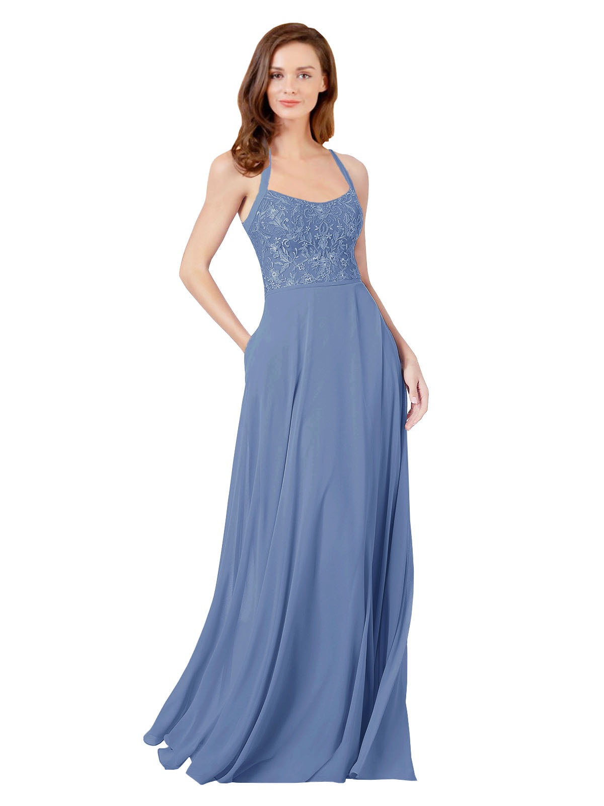 Windsor Blue A-Line Spaghetti Straps Sleeveless Long Bridesmaid Dress Helma